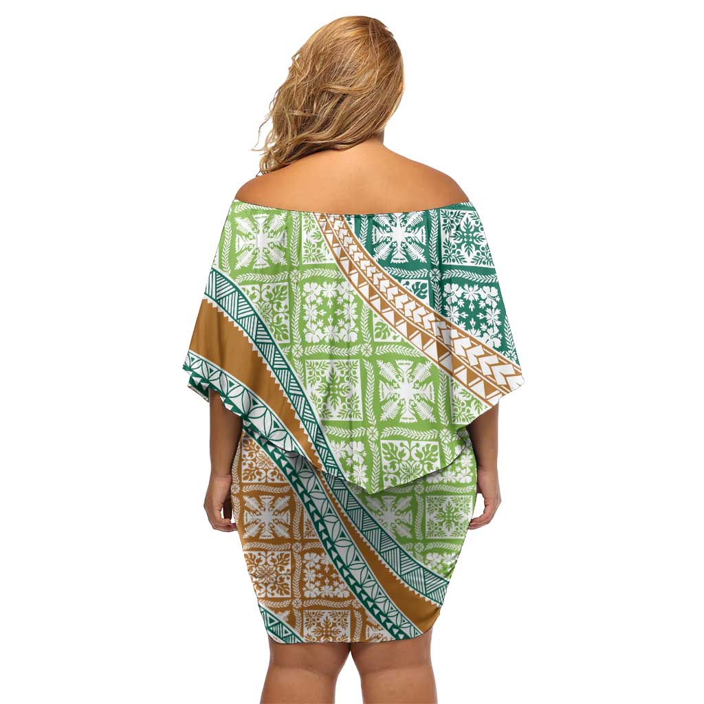 Hawaiian Quilt Pattern Off Shoulder Short Dress Green Chestnut Color Mixed LT01 - Polynesian Pride