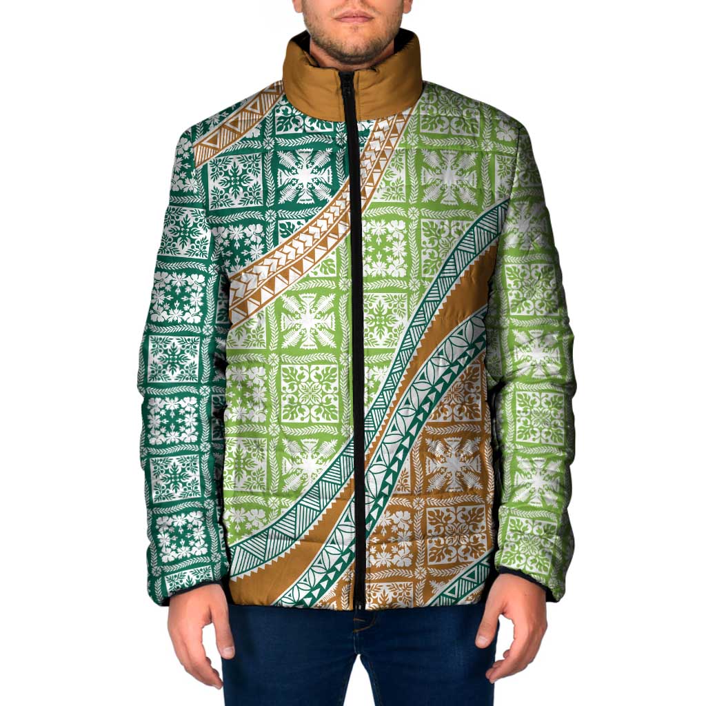 Hawaiian Quilt Pattern Padded Jacket Green Chestnut Color Mixed LT01 Men Green - Polynesian Pride