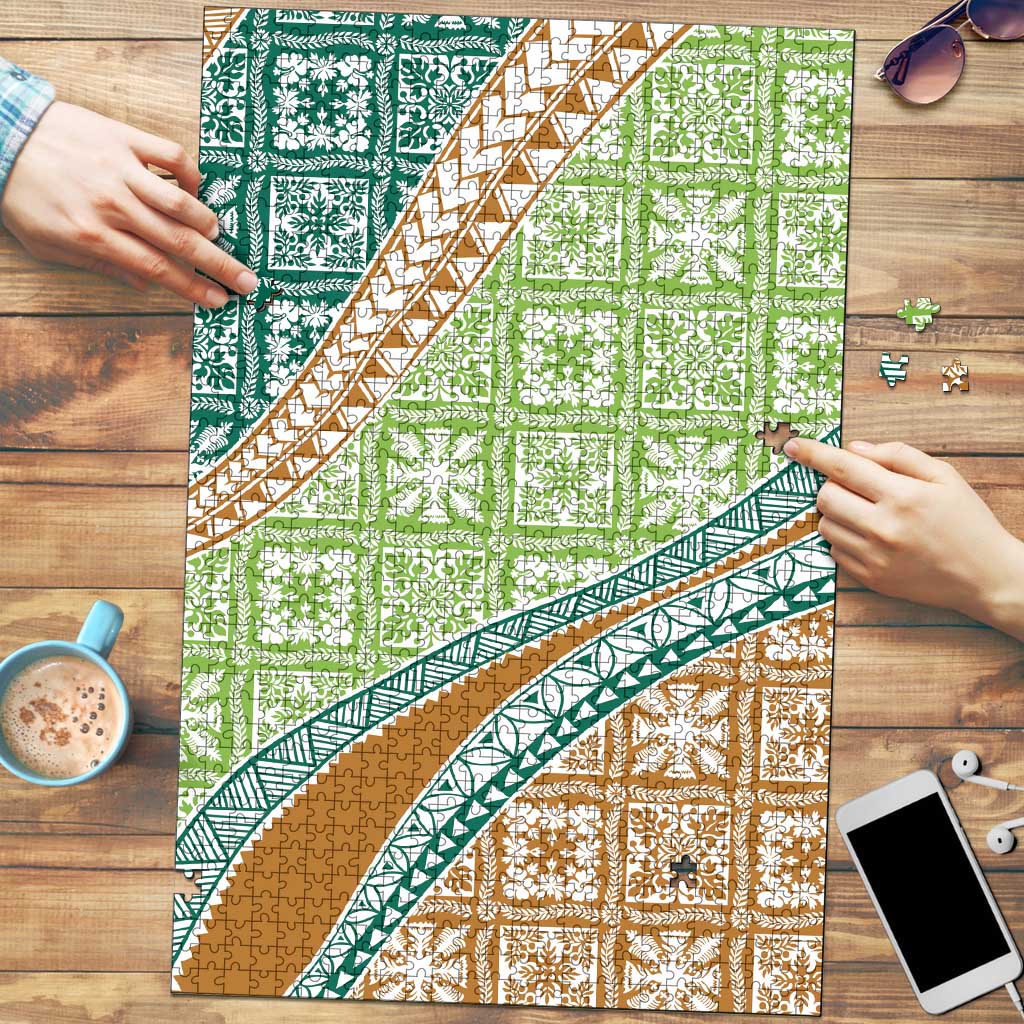 Hawaiian Quilt Pattern Puzzle Green Chestnut Color Mixed LT01 Green - Polynesian Pride