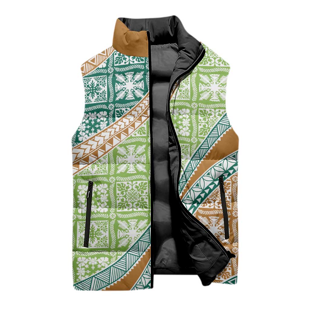 Hawaiian Quilt Pattern Sleeveless Puffer Jacket Green Chestnut Color Mixed LT01 - Polynesian Pride
