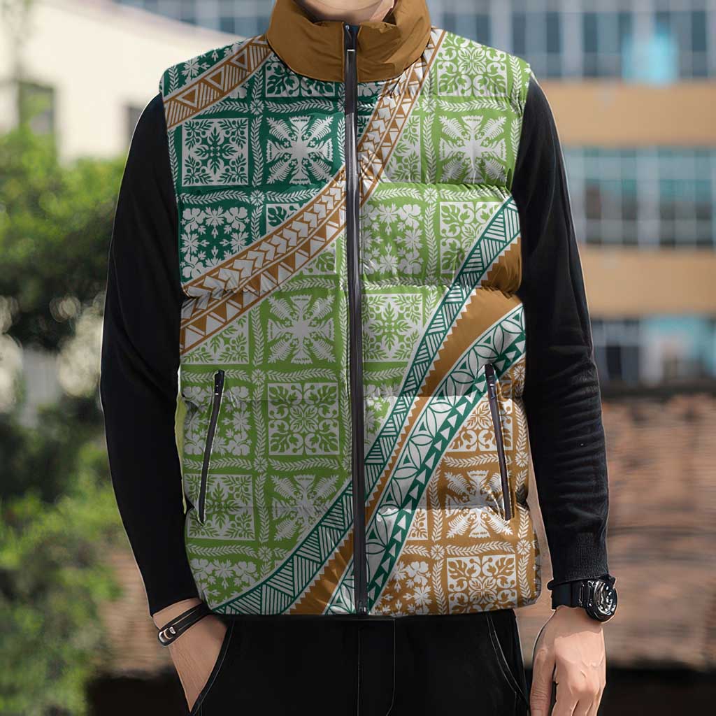 Hawaiian Quilt Pattern Sleeveless Puffer Jacket Green Chestnut Color Mixed LT01 - Polynesian Pride