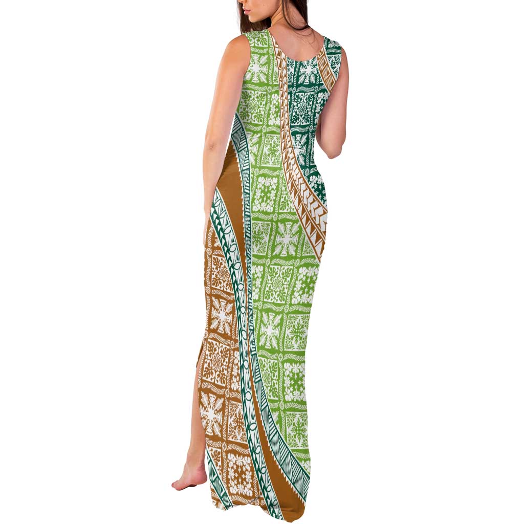Hawaiian Quilt Pattern Tank Maxi Dress Green Chestnut Color Mixed LT01 - Polynesian Pride