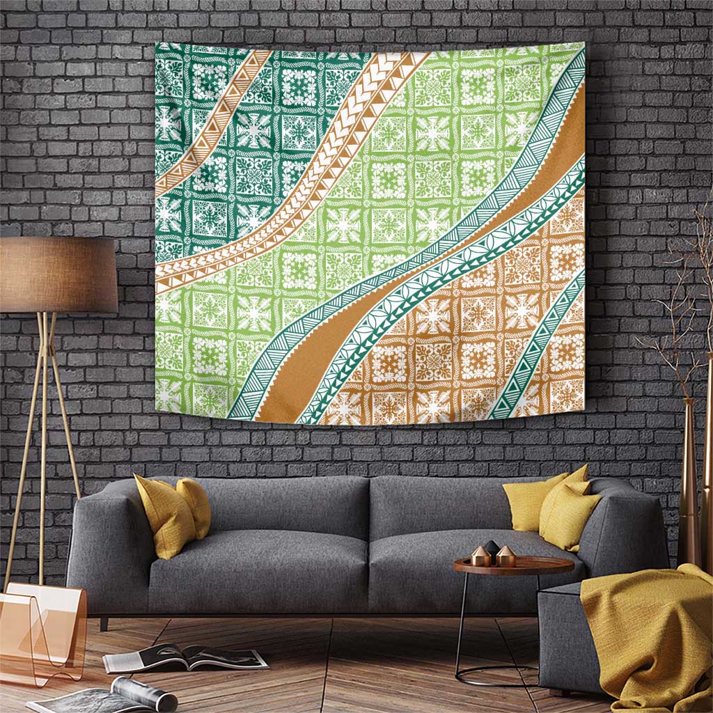 Hawaiian Quilt Pattern Tapestry Green Chestnut Color Mixed LT01 Green - Polynesian Pride