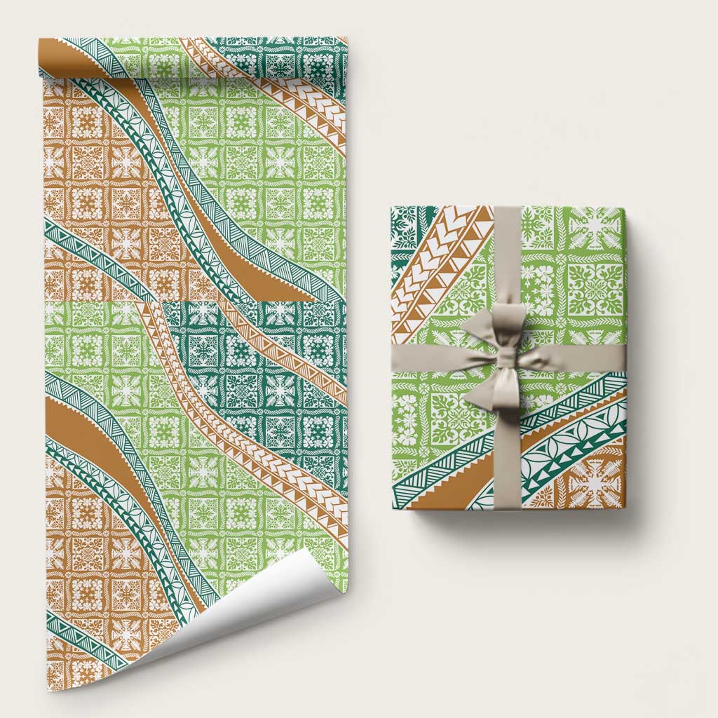 Hawaiian Quilt Pattern Wrapping Paper Green Chestnut Color Mixed LT01 58" × 23" Green - Polynesian Pride