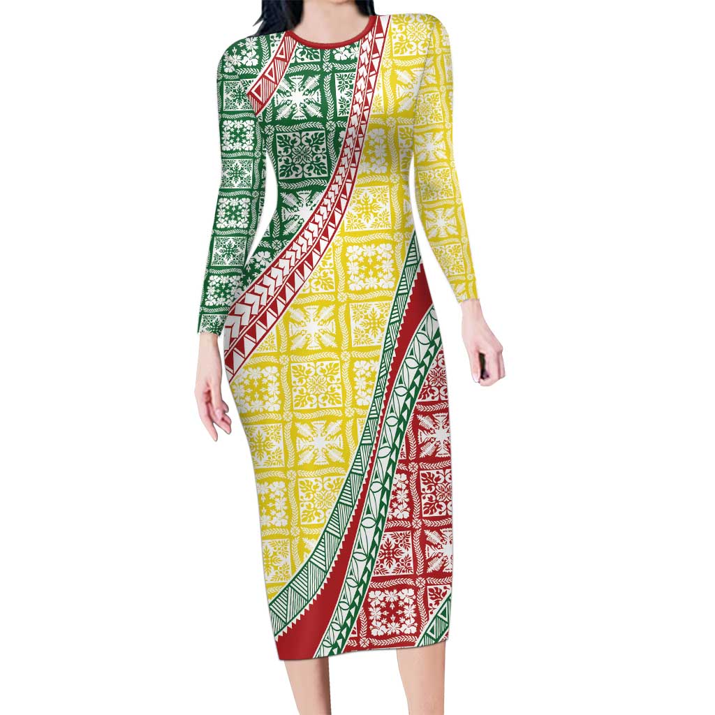 Hawaiian Quilt Pattern Long Sleeve Bodycon Dress Special Color Mixed LT01 Long Dress Multicolor - Polynesian Pride