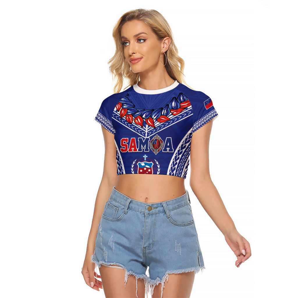 Custom Rugby Samoa 2026 Raglan Cropped T Shirt UlaFala Polynesian Pattern LT01 Female Blue - Polynesian Pride