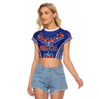 Custom Rugby Samoa 2026 Raglan Cropped T Shirt UlaFala Polynesian Pattern LT01 Female Blue - Polynesian Pride