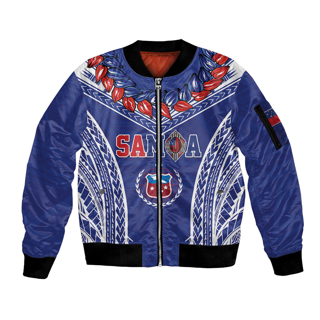 Custom Rugby Samoa 2026 Sleeve Zip Bomber Jacket UlaFala Polynesian Pattern LT01 Unisex Blue - Polynesian Pride
