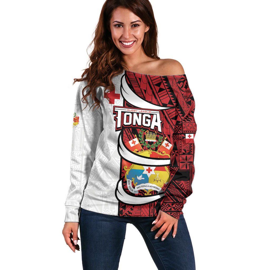 Custom Rugby Tonga 2026 Off Shoulder Sweater Ngatu Pattern Special Version LT01 Women Red - Polynesian Pride