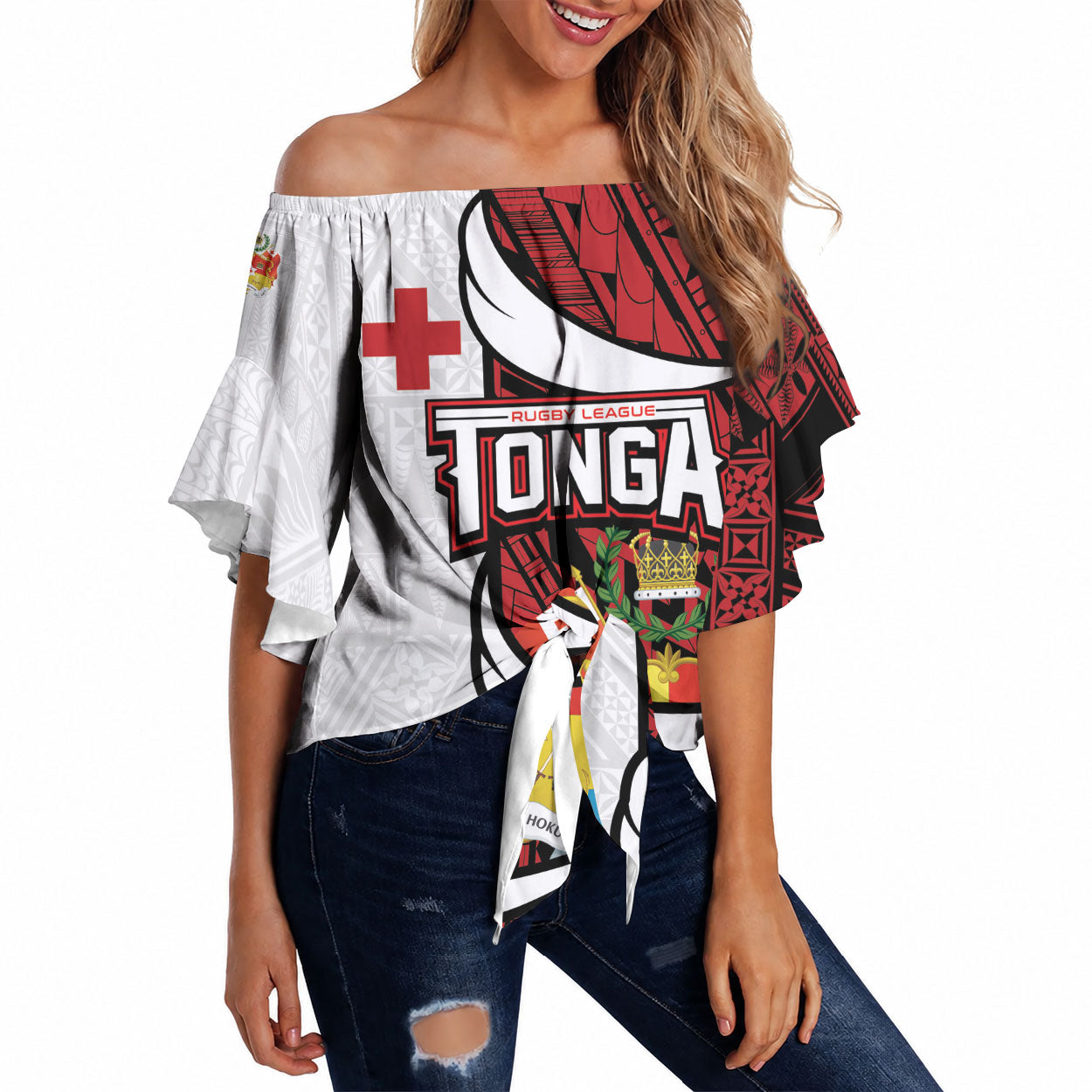 Custom Rugby Tonga 2026 Off Shoulder Wrap Waist Top Ngatu Pattern Special Version