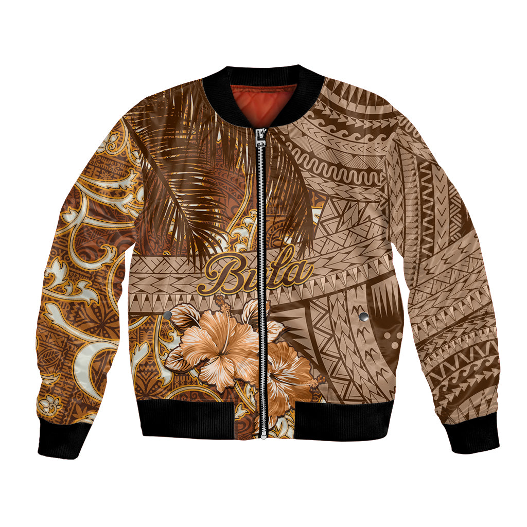 Personalised Fiji Masi Bomber Jacket Bula Fijian Masi Tapa Vintage Style LT01 Unisex Brown - Polynesian Pride