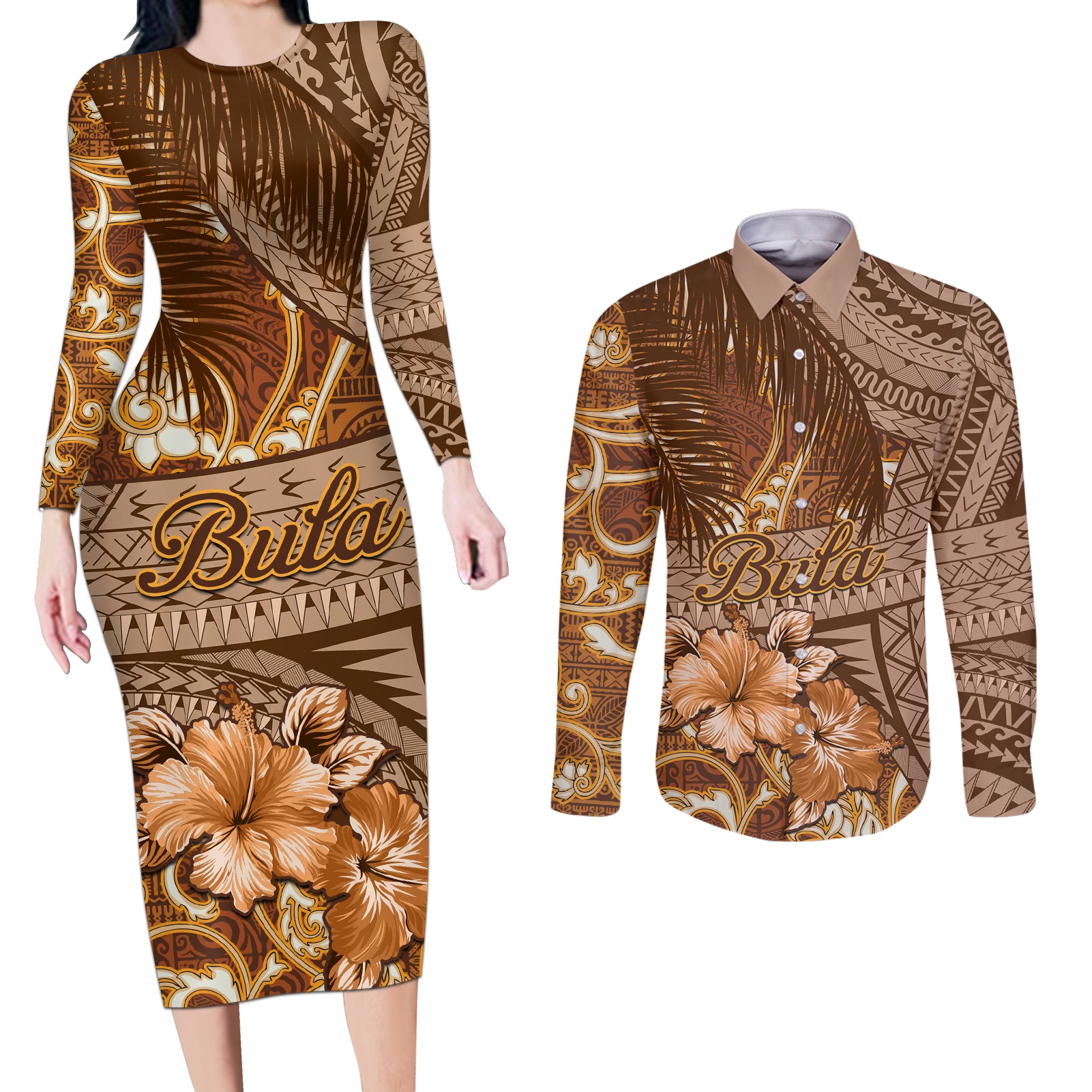 Personalised Fiji Masi Couples Matching Long Sleeve Bodycon Dress and Long Sleeve Button Shirt Bula Fijian Masi Tapa Vintage Style LT01 Brown - Polynesian Pride