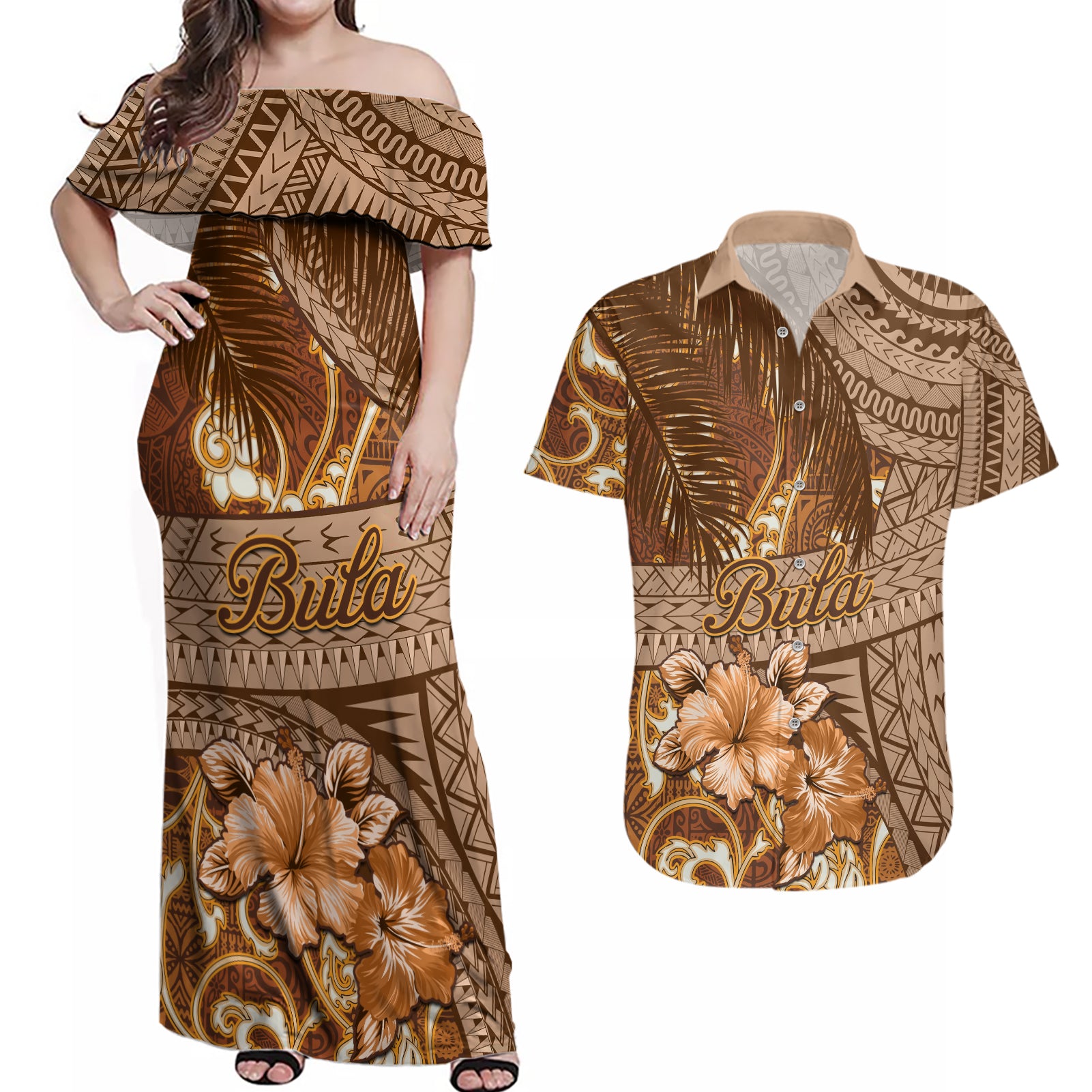 Personalised Fiji Masi Couples Matching Off Shoulder Maxi Dress and Hawaiian Shirt Bula Fijian Masi Tapa Vintage Style LT01 Brown - Polynesian Pride