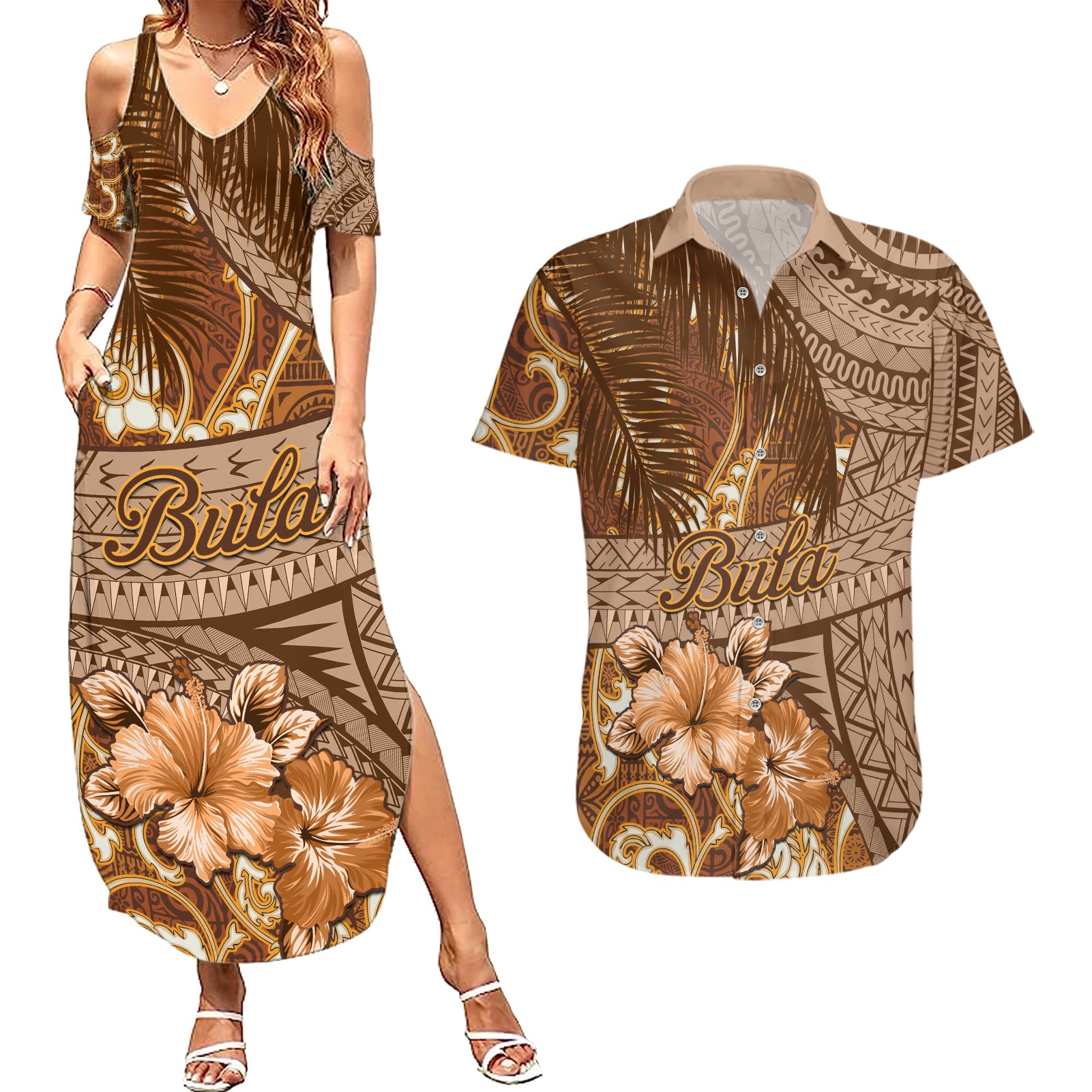 Personalised Fiji Masi Couples Matching Summer Maxi Dress and Hawaiian Shirt Bula Fijian Masi Tapa Vintage Style LT01 Brown - Polynesian Pride