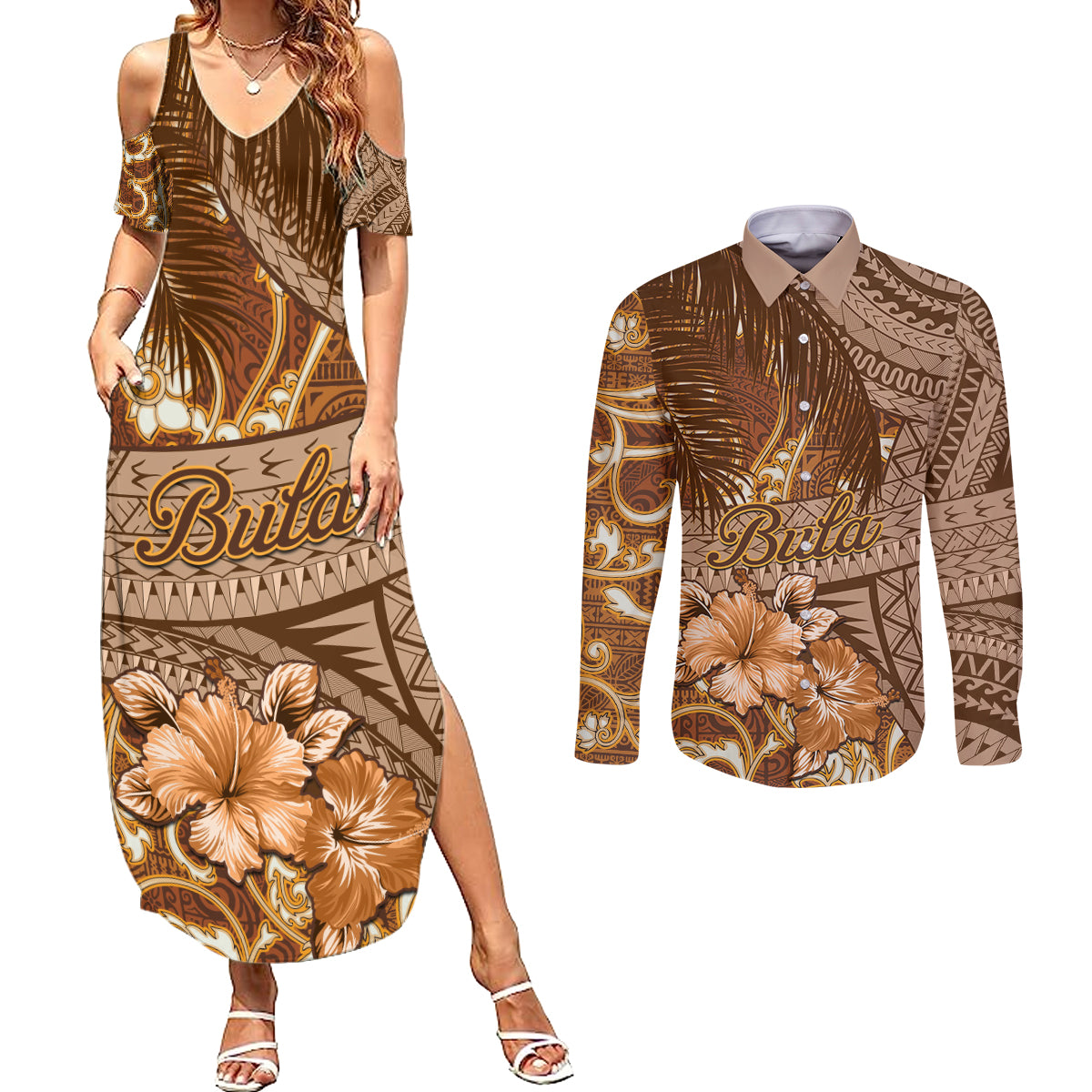 Personalised Fiji Masi Couples Matching Summer Maxi Dress and Long Sleeve Button Shirt Bula Fijian Masi Tapa Vintage Style LT01 Brown - Polynesian Pride