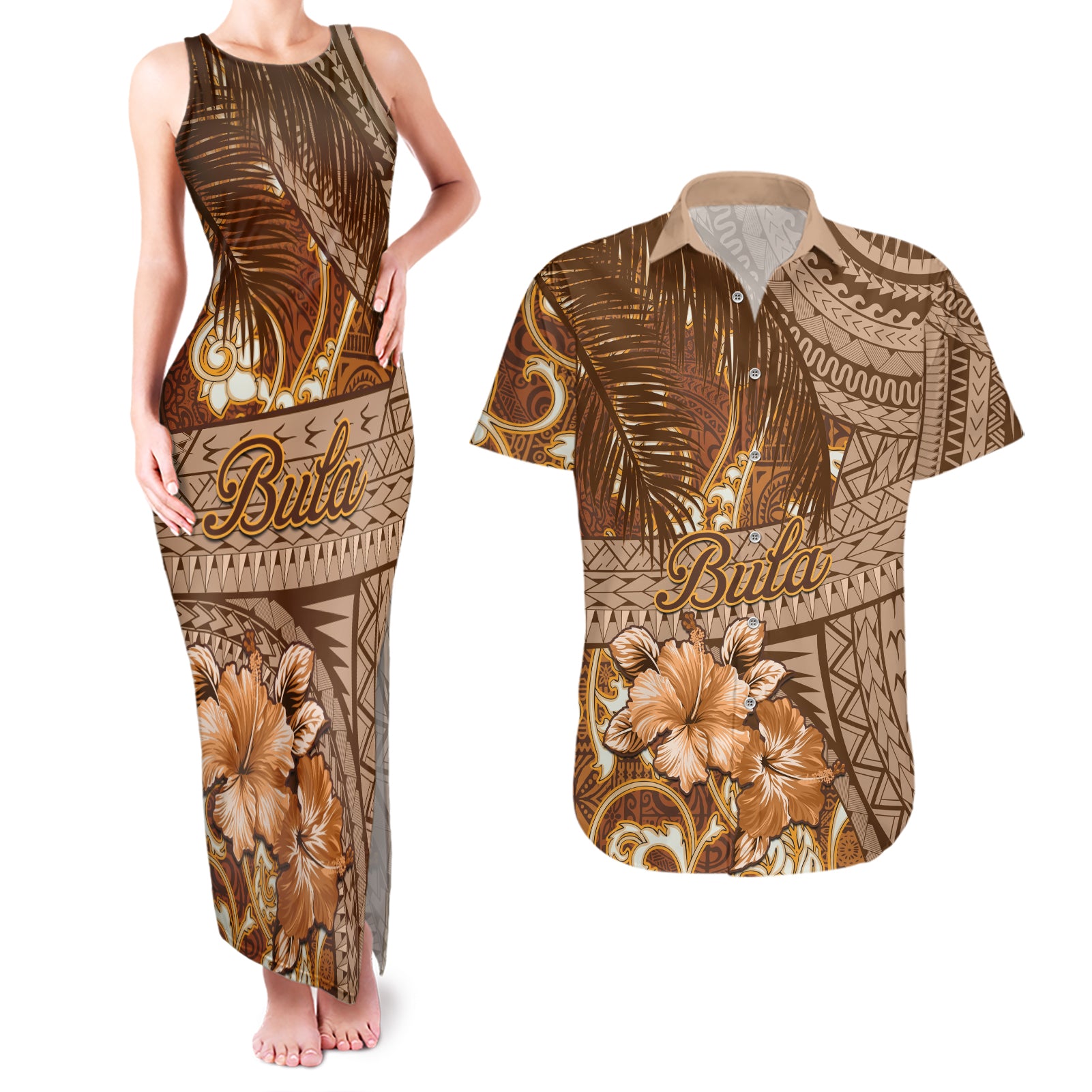 Personalised Fiji Masi Couples Matching Tank Maxi Dress and Hawaiian Shirt Bula Fijian Masi Tapa Vintage Style LT01 Brown - Polynesian Pride