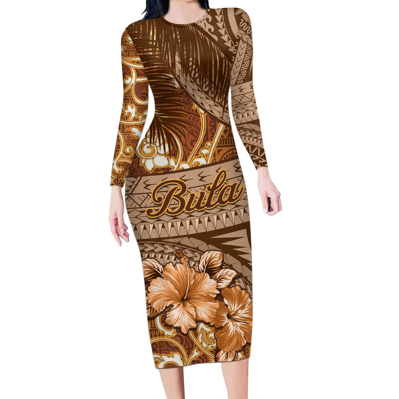 Personalised Fiji Masi Long Sleeve Bodycon Dress Bula Fijian Masi Tapa Vintage Style LT01 Long Dress Brown - Polynesian Pride