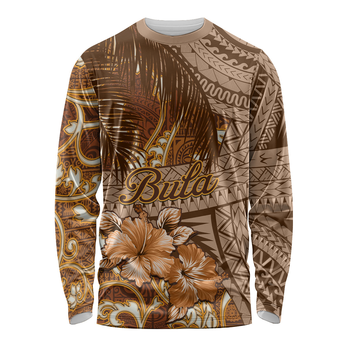 Personalised Fiji Masi Long Sleeve Shirt Bula Fijian Masi Tapa Vintage Style LT01 Unisex Brown - Polynesian Pride