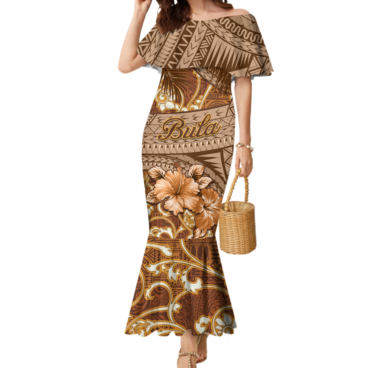 Personalised Fiji Masi Mermaid Dress Bula Fijian Masi Tapa Vintage Style LT01 Women Brown - Polynesian Pride