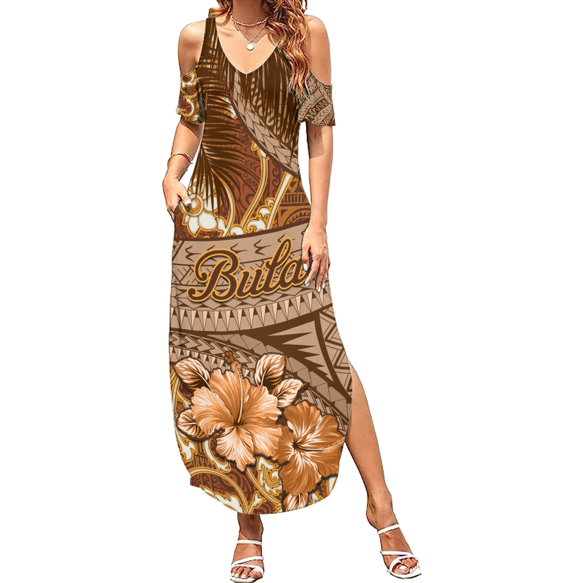 Personalised Fiji Masi Summer Maxi Dress Bula Fijian Masi Tapa Vintage Style LT01 Women Brown - Polynesian Pride