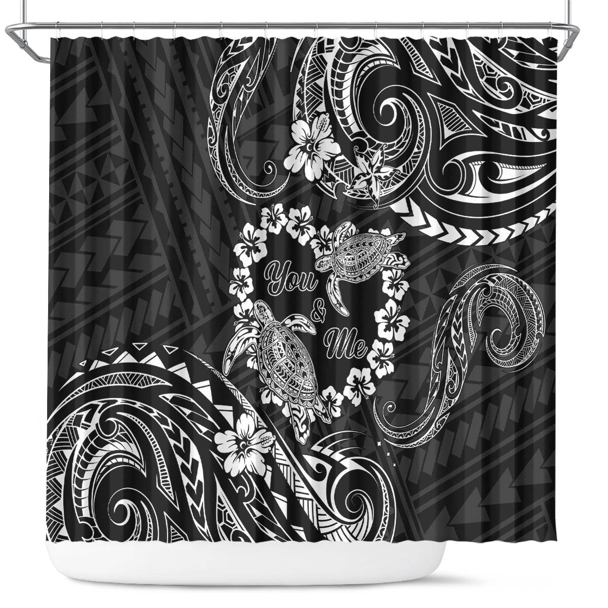 Polynesian Turtle Valentine Shower Curtain You And Me Hibiscus Heart LT01 Black - Polynesian Pride