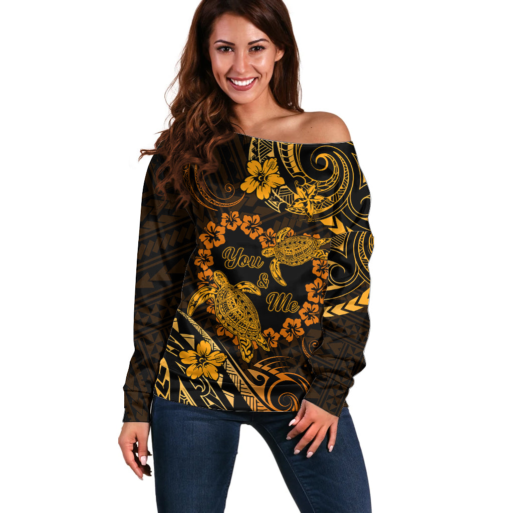 Polynesian Turtle Valentine Off Shoulder Sweater You And Me Gold Hibiscus Heart LT01 Women Gold - Polynesian Pride