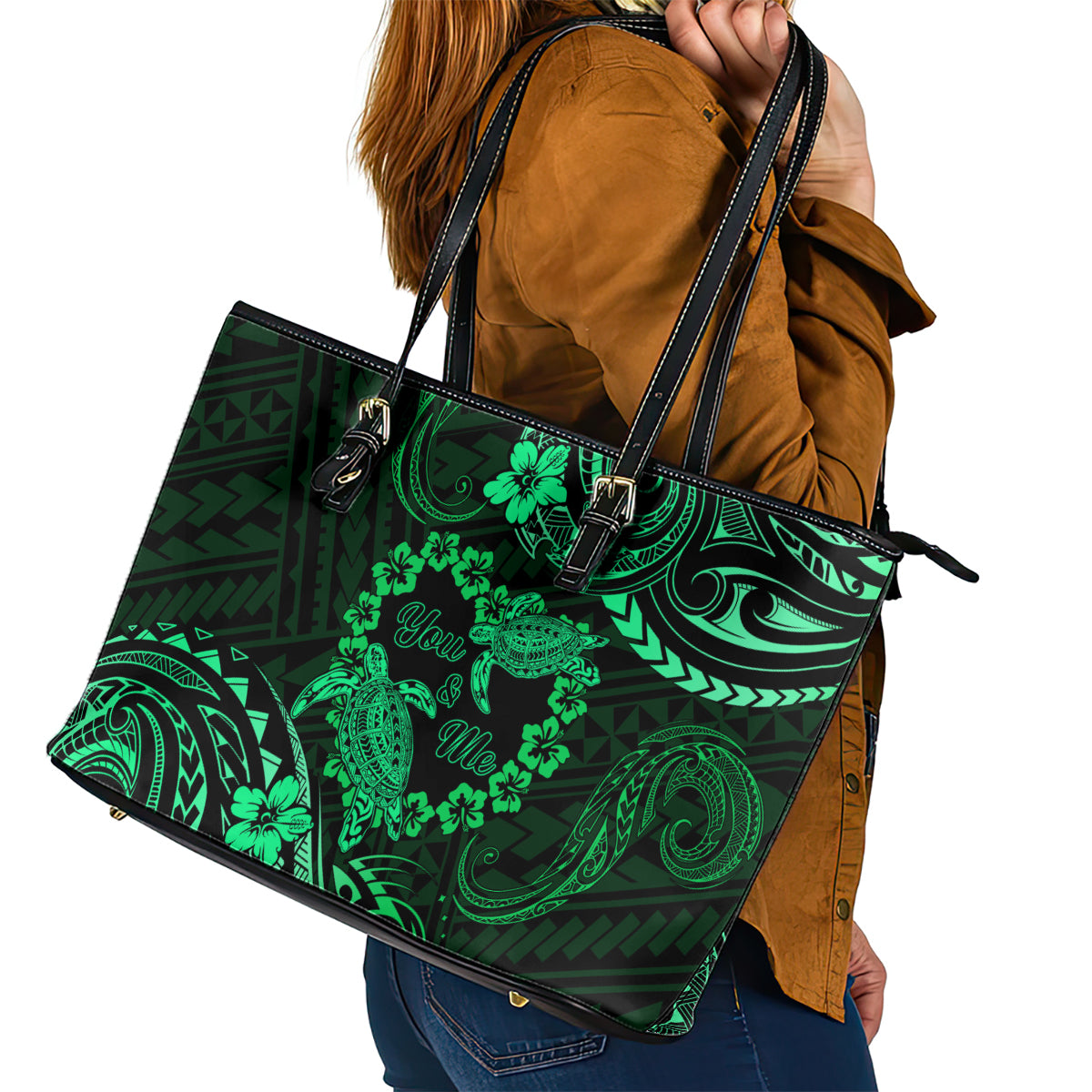 Polynesian Turtle Valentine Leather Tote Bag You And Me Green Hibiscus Heart LT01 - Polynesian Pride
