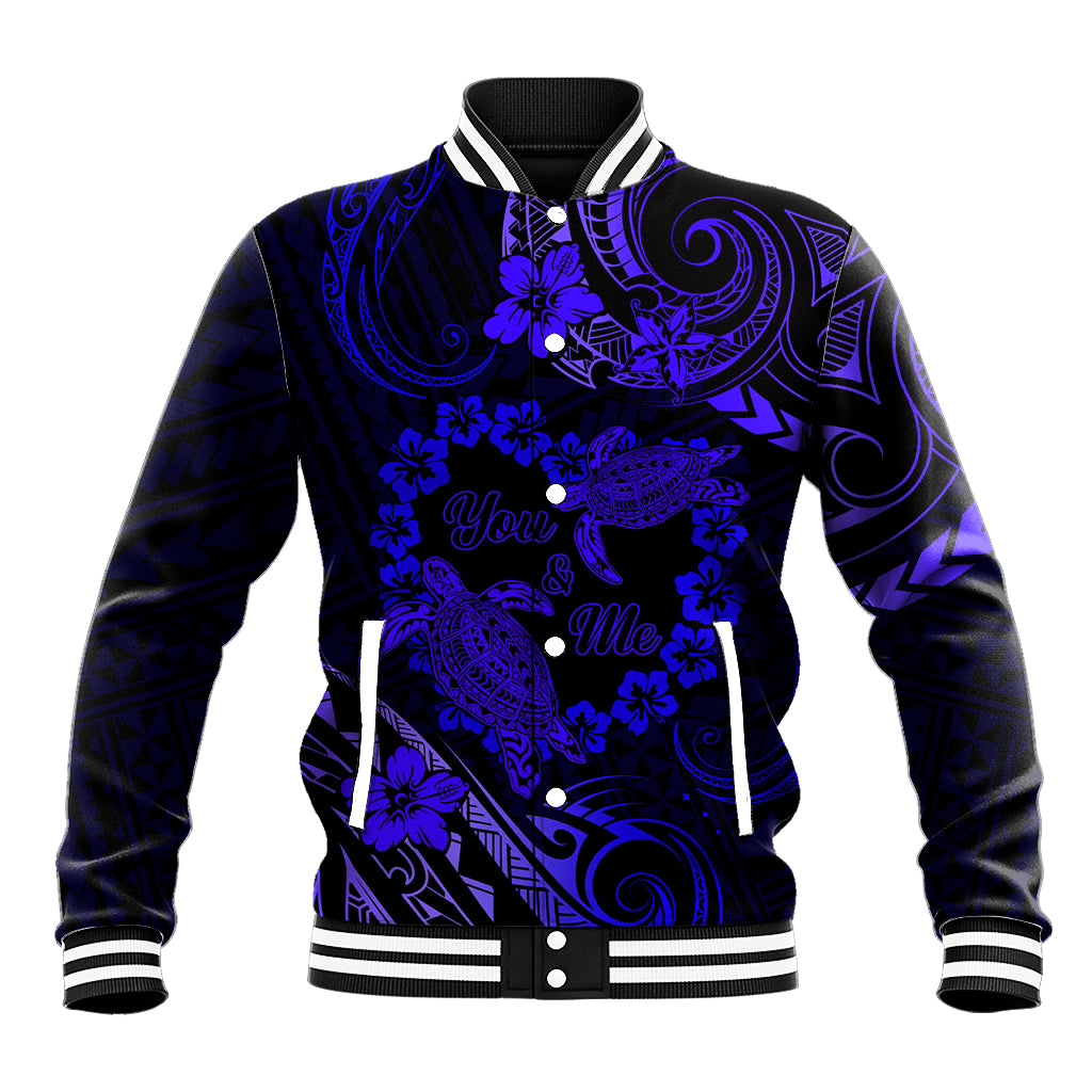 Polynesian Turtle Valentine Baseball Jacket You And Me Navy Blue Hibiscus Heart LT01 Unisex Blue - Polynesian Pride