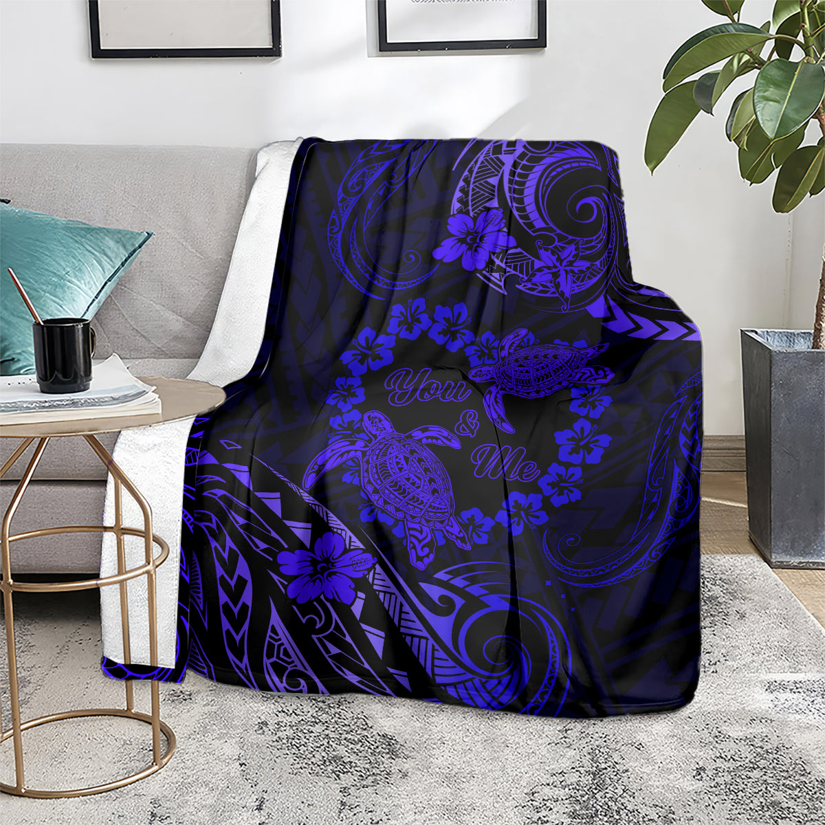Polynesian Turtle Valentine Blanket You And Me Navy Blue Hibiscus Heart LT01 - Polynesian Pride