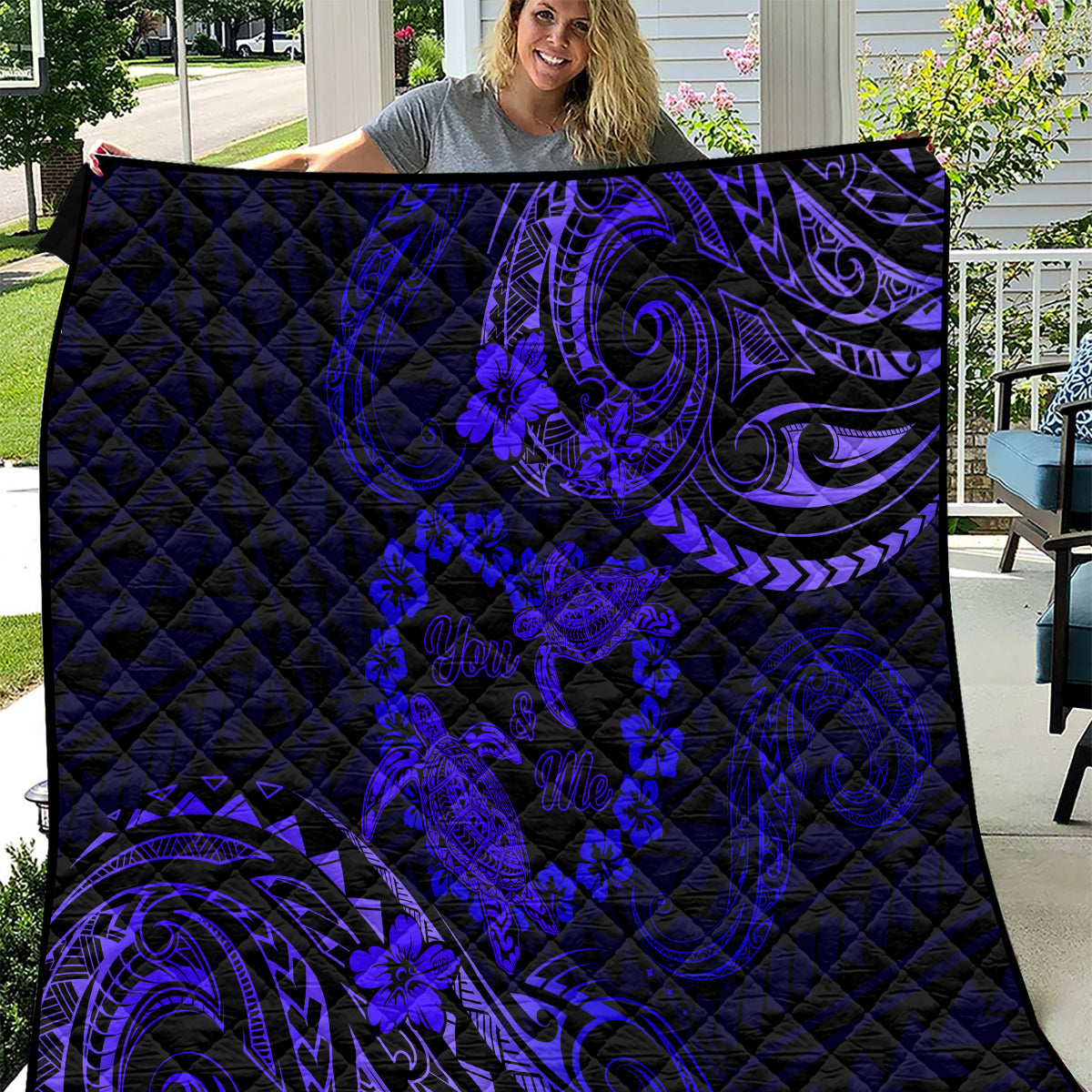 Polynesian Turtle Valentine Quilt You And Me Navy Blue Hibiscus Heart LT01 Blue - Polynesian Pride