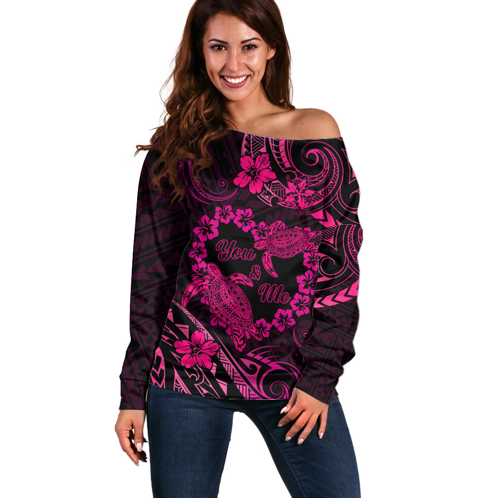 Polynesian Turtle Valentine Off Shoulder Sweater You And Me Pink Hibiscus Heart LT01 Women Pink - Polynesian Pride
