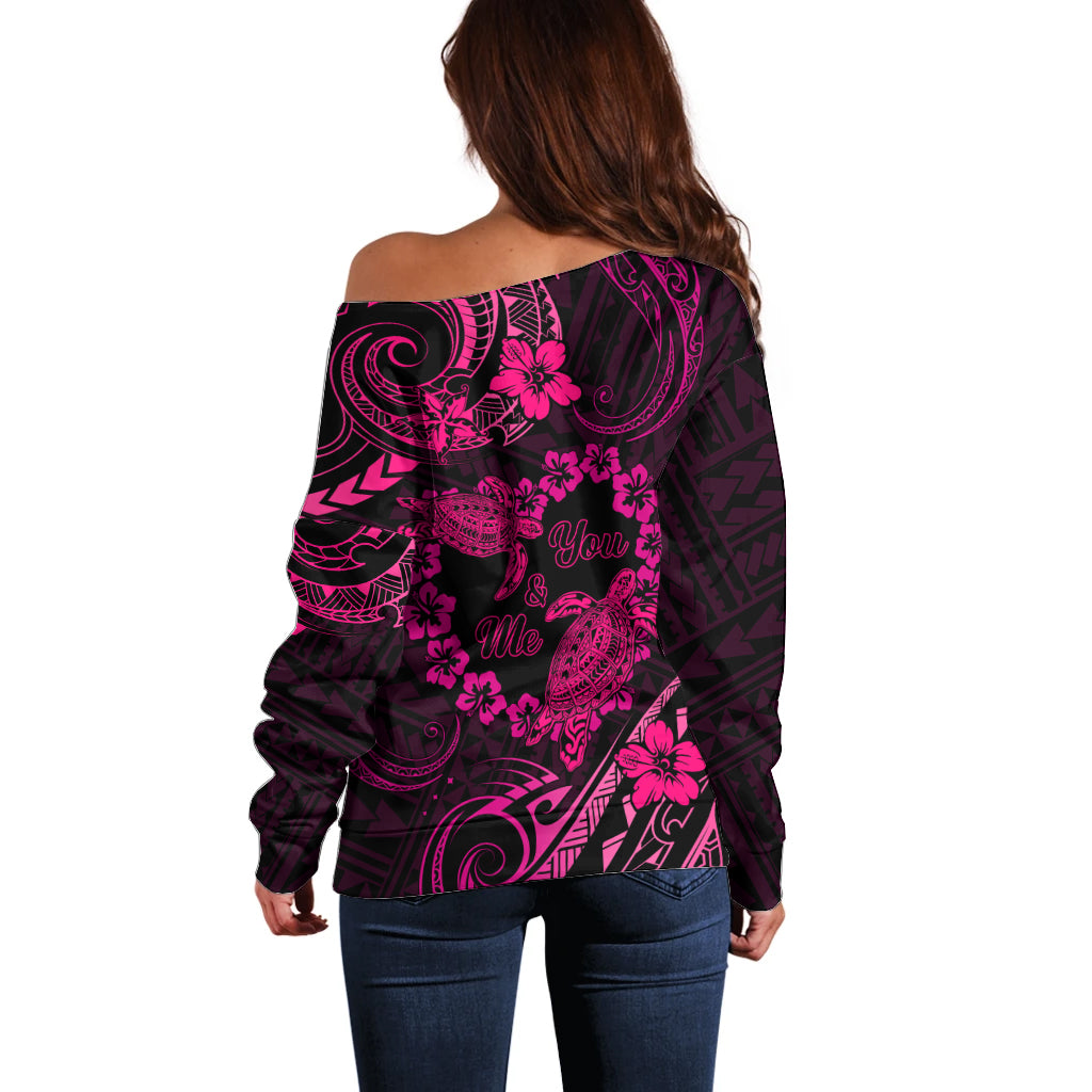 Polynesian Turtle Valentine Off Shoulder Sweater You And Me Pink Hibiscus Heart LT01 - Polynesian Pride