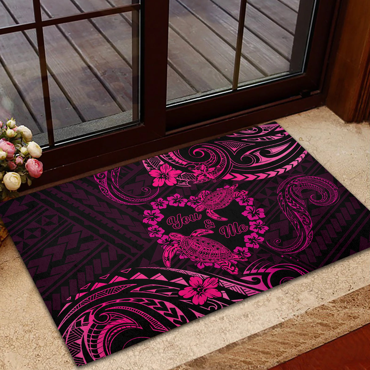 Polynesian Turtle Valentine Rubber Doormat You And Me Pink Hibiscus Heart LT01 - Polynesian Pride