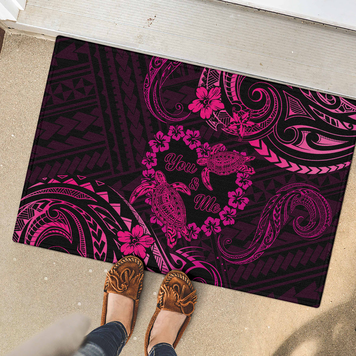 Polynesian Turtle Valentine Rubber Doormat You And Me Pink Hibiscus Heart LT01 - Polynesian Pride