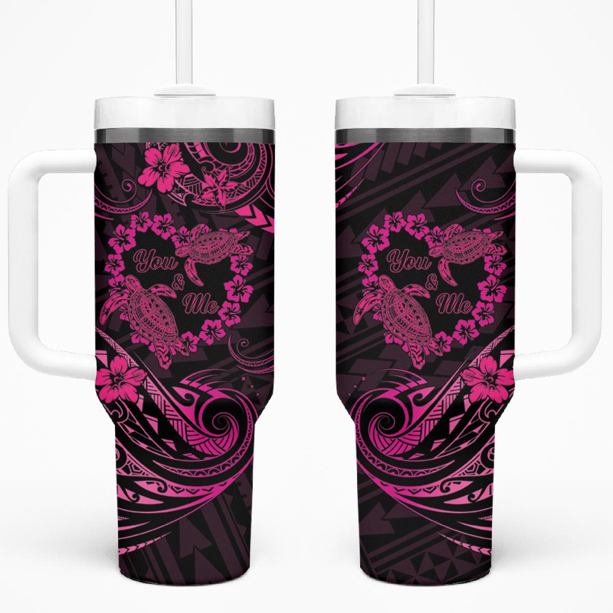 Polynesian Turtle Valentine Tumbler With Handle You And Me Pink Hibiscus Heart LT01 One Size: 40 oz Pink - Polynesian Pride
