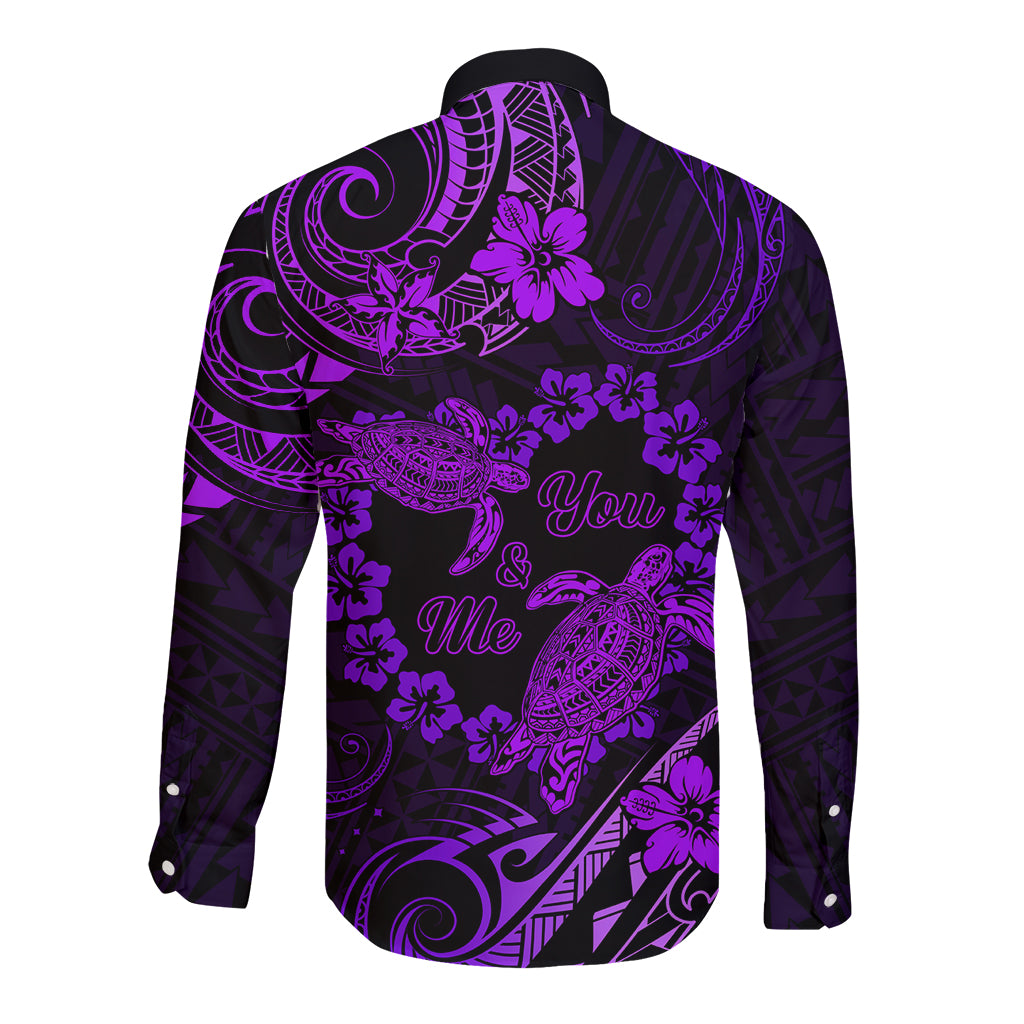 Polynesian Turtle Valentine Long Sleeve Button Shirt You And Me Purple Hibiscus Heart LT01 - Polynesian Pride