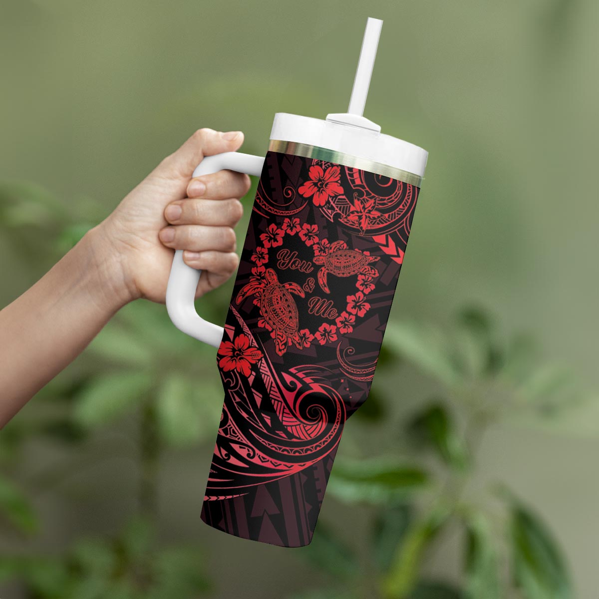 Polynesian Turtle Valentine Tumbler With Handle You And Me Red Hibiscus Heart LT01 - Polynesian Pride