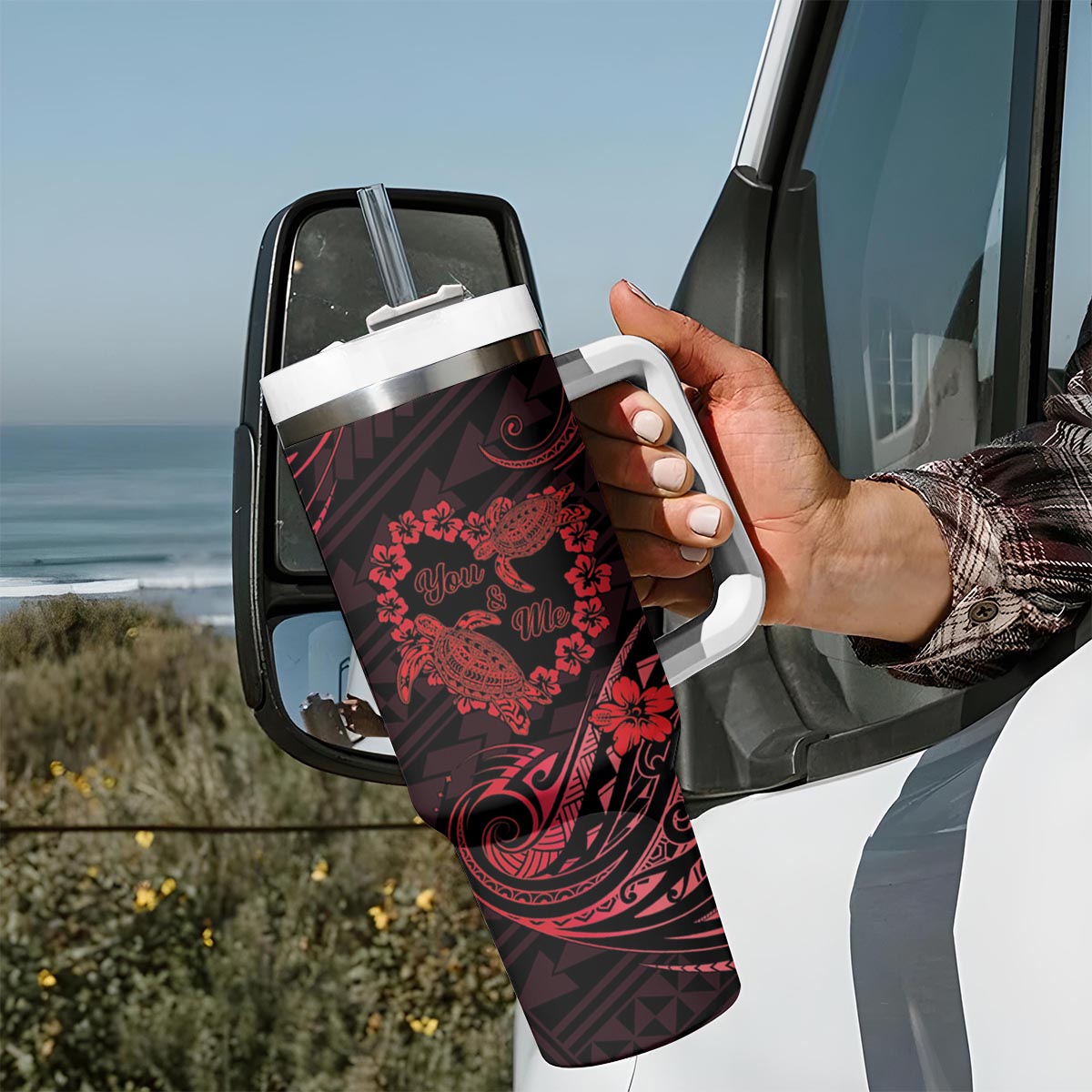 Polynesian Turtle Valentine Tumbler With Handle You And Me Red Hibiscus Heart LT01 - Polynesian Pride