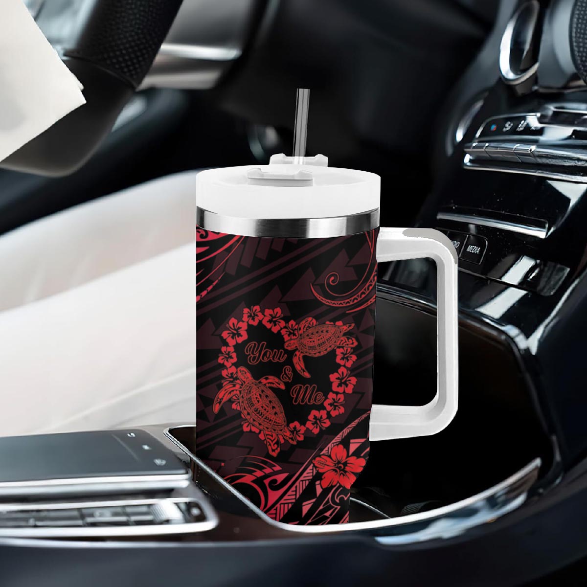 Polynesian Turtle Valentine Tumbler With Handle You And Me Red Hibiscus Heart LT01 - Polynesian Pride