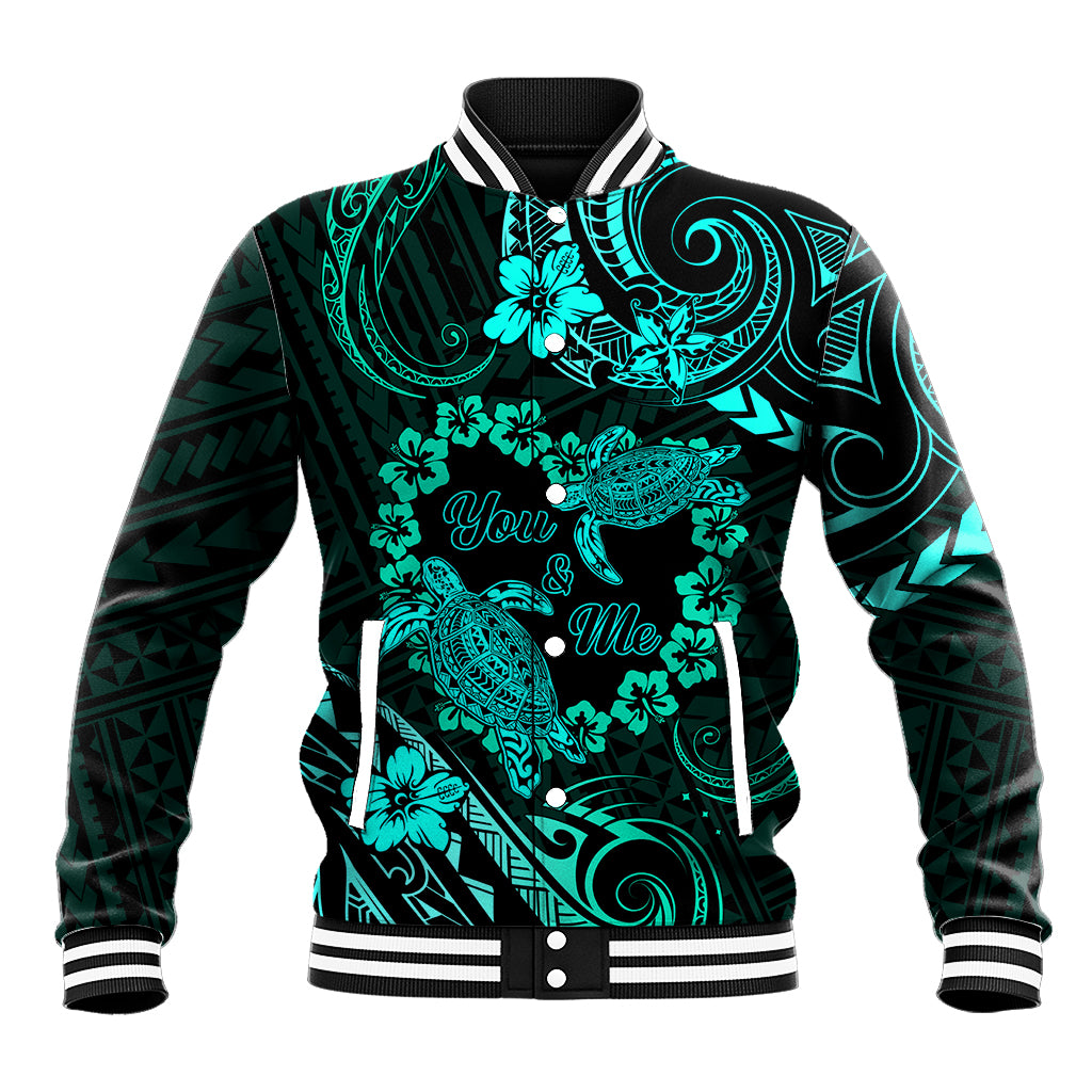 Polynesian Turtle Valentine Baseball Jacket You And Me Turquoise Hibiscus Heart LT01 Unisex Turquoise - Polynesian Pride