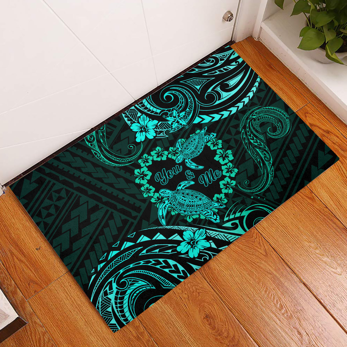 Polynesian Turtle Valentine Rubber Doormat You And Me Turquoise Hibiscus Heart LT01 Turquoise - Polynesian Pride