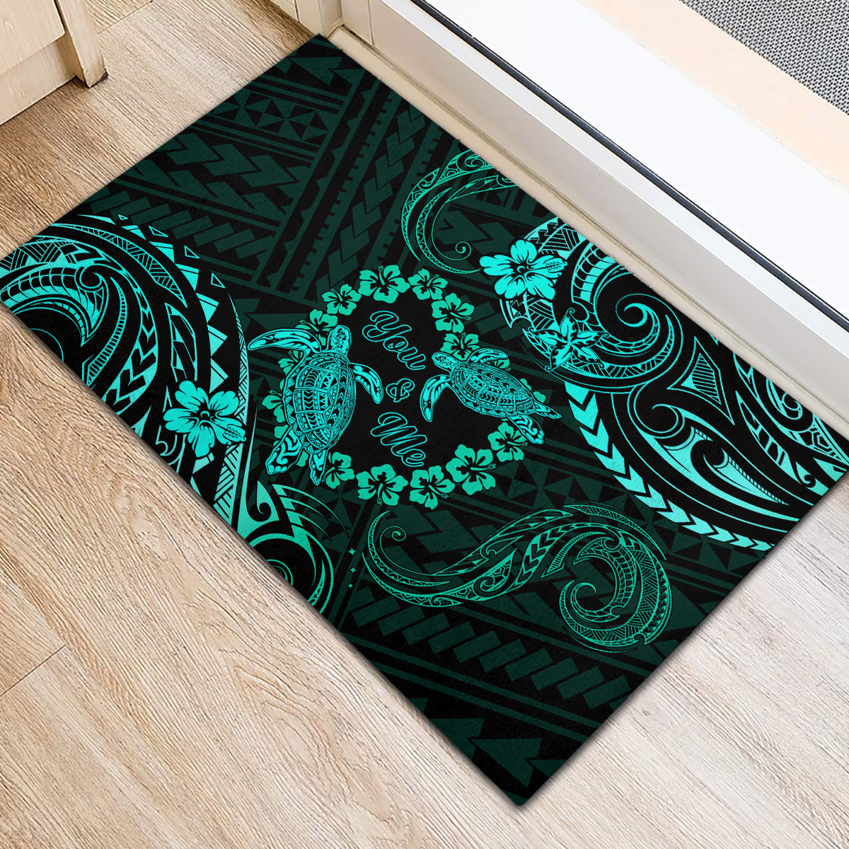 Polynesian Turtle Valentine Rubber Doormat You And Me Turquoise Hibiscus Heart LT01 - Polynesian Pride