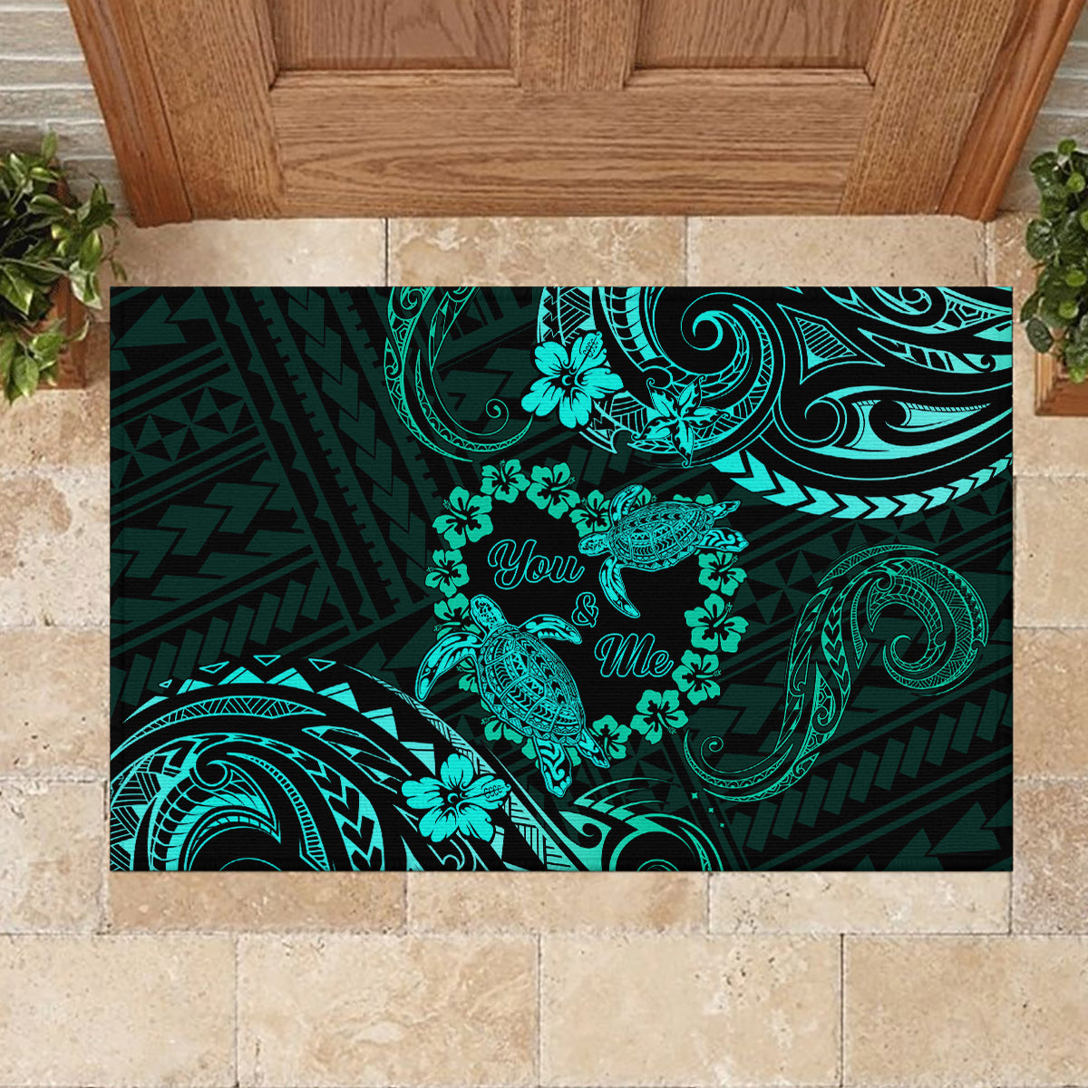 Polynesian Turtle Valentine Rubber Doormat You And Me Turquoise Hibiscus Heart LT01 - Polynesian Pride