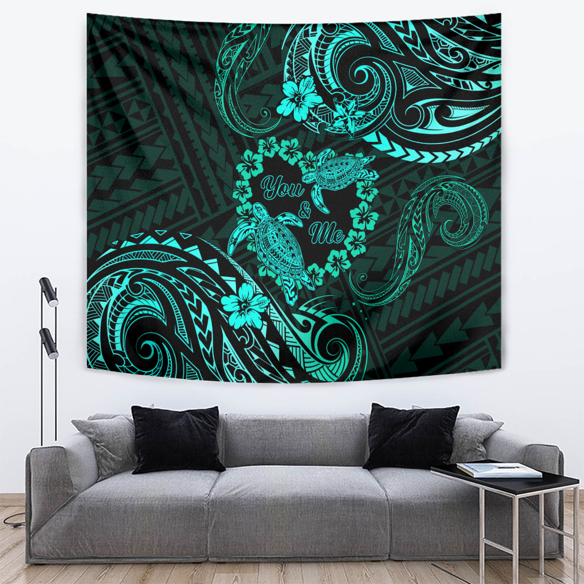 Polynesian Turtle Valentine Tapestry You And Me Turquoise Hibiscus Heart LT01 - Polynesian Pride