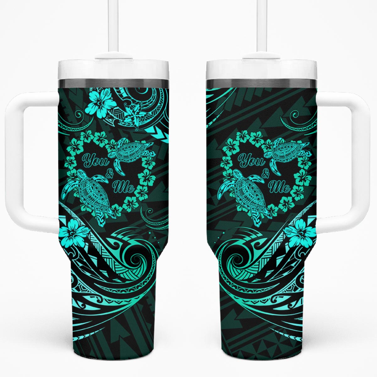 Polynesian Turtle Valentine Tumbler With Handle You And Me Turquoise Hibiscus Heart LT01 One Size: 40 oz Turquoise - Polynesian Pride