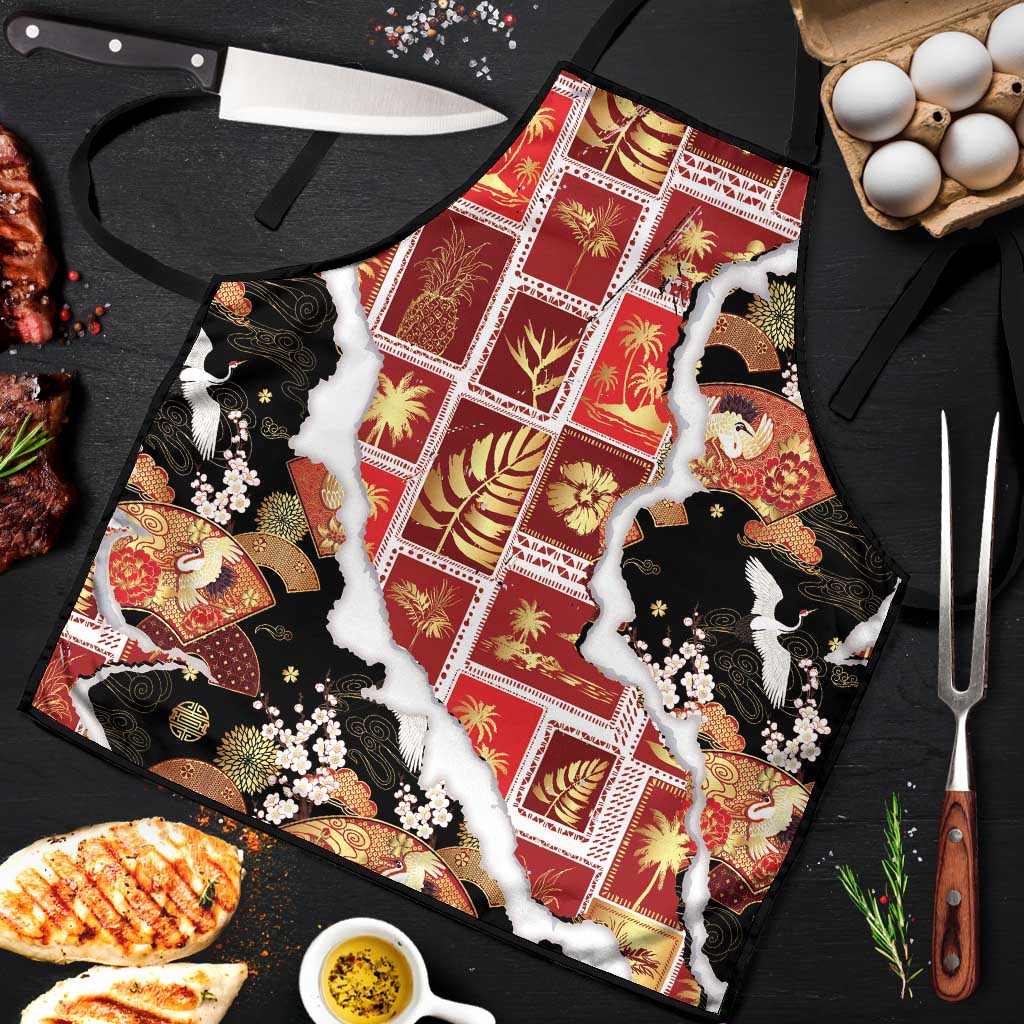 Hawaii Japanese Culture Black Apron Spring Cranes Aloha Pattern LT01 Black - Polynesian Pride
