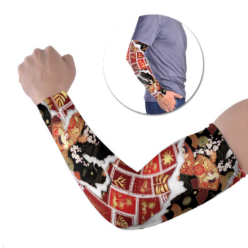 Hawaii Japanese Culture Black Arm Sleeves Spring Cranes Aloha Pattern LT01 Set of 2 Black - Polynesian Pride
