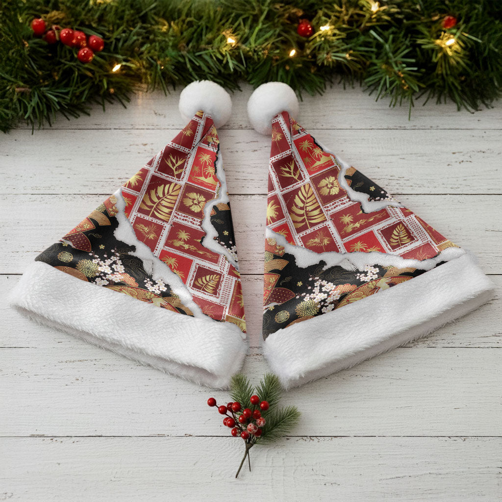 Hawaii Japanese Culture Black Christmas Santa Hat Spring Cranes Aloha Pattern LT01 - Polynesian Pride