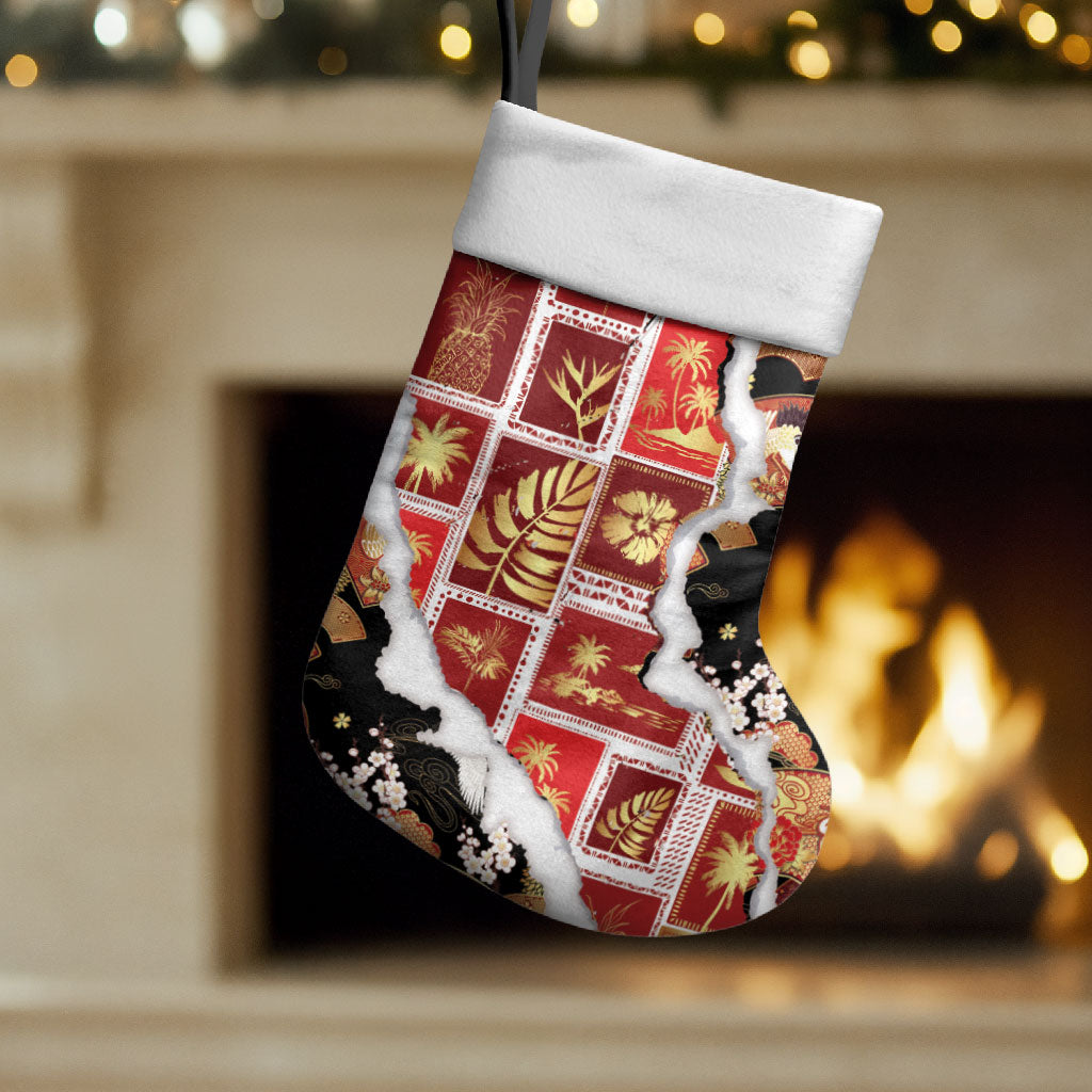 Hawaii Japanese Culture Black Christmas Stocking Spring Cranes Aloha Pattern LT01 Set of 2 Black - Polynesian Pride