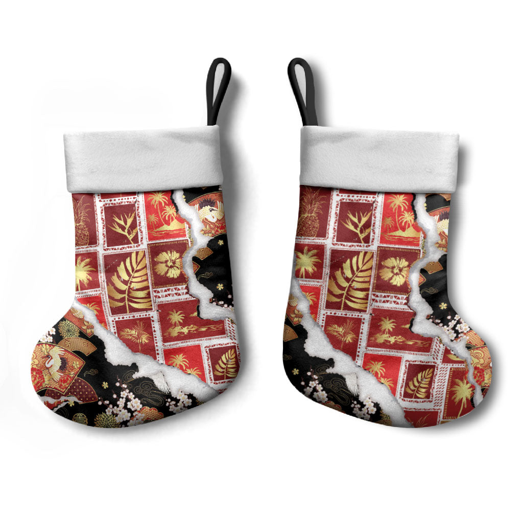 Hawaii Japanese Culture Black Christmas Stocking Spring Cranes Aloha Pattern LT01 - Polynesian Pride
